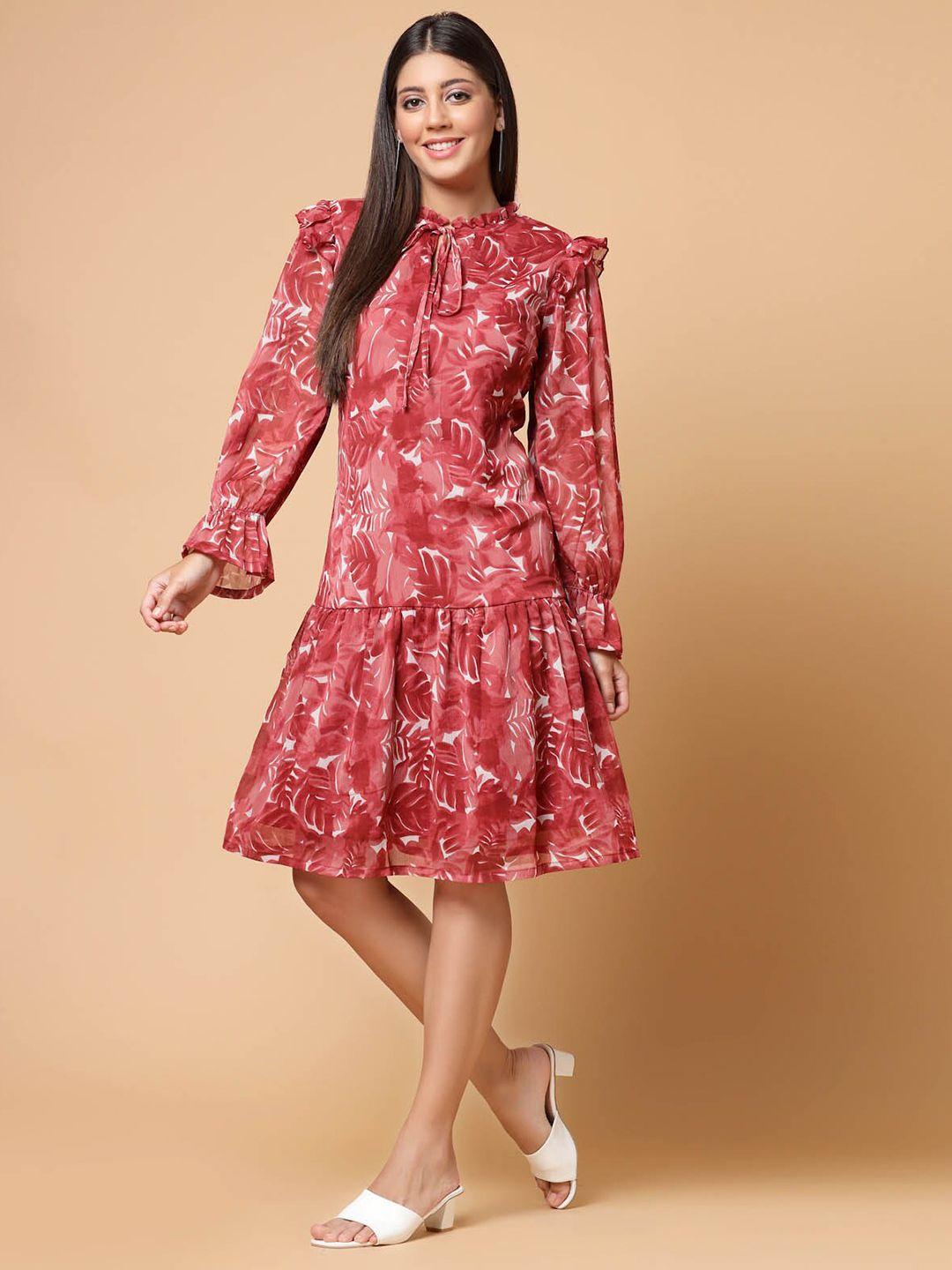 pluss maroon floral printed tie-up neck puff sleeves ruffles flounce hem drop-waist dress