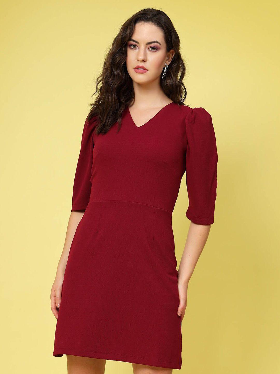 pluss maroon v-neck puff sleeve sheath dress