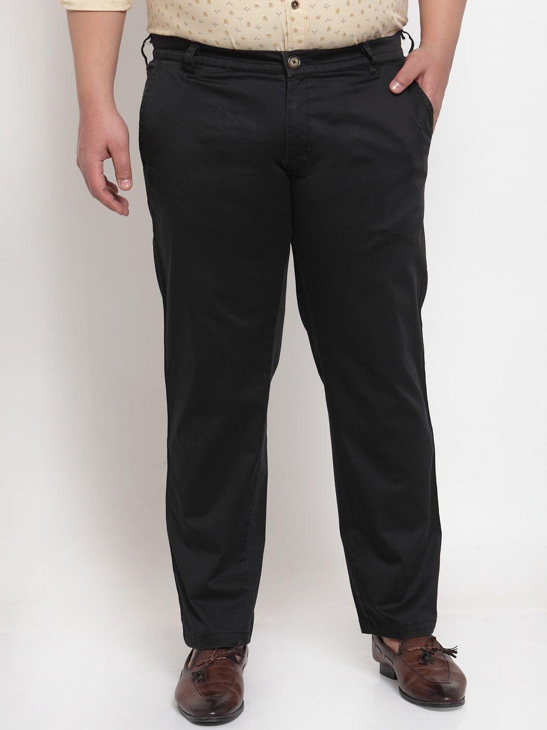 pluss men black regular fit solid regular trousers