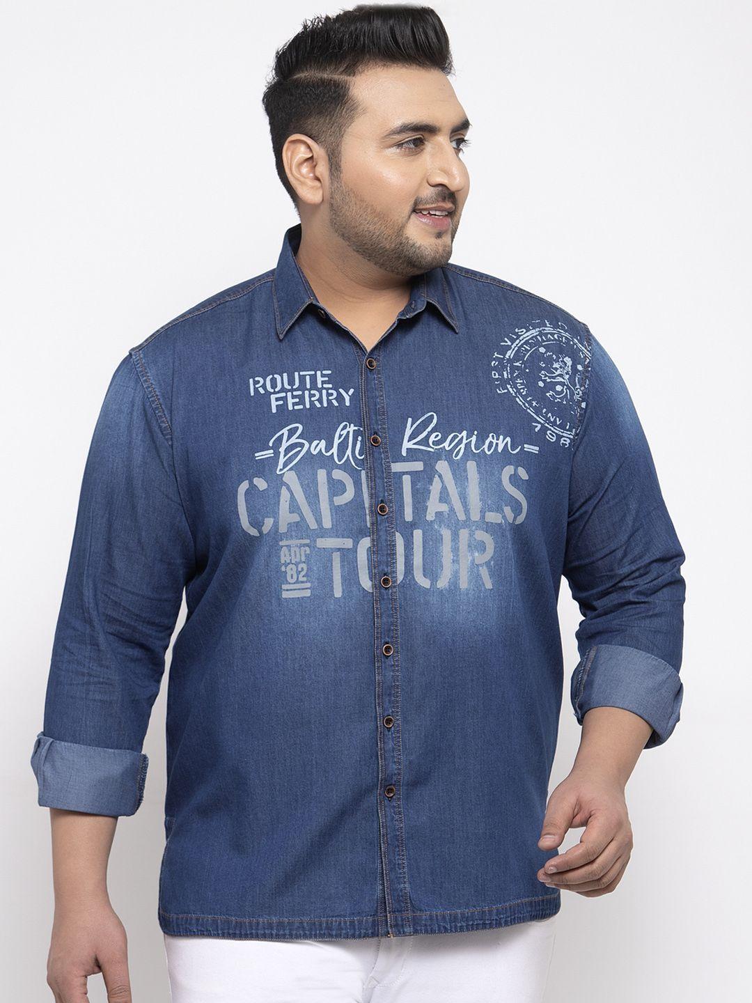 pluss men blue regular fit printed casual shirt