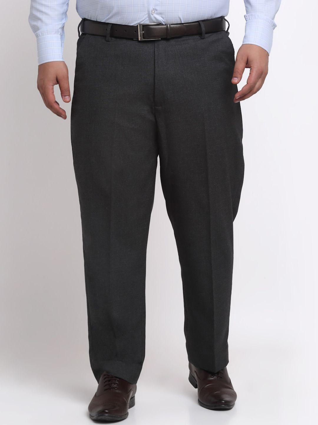 pluss men charcoal mid rise cotton formal trousers