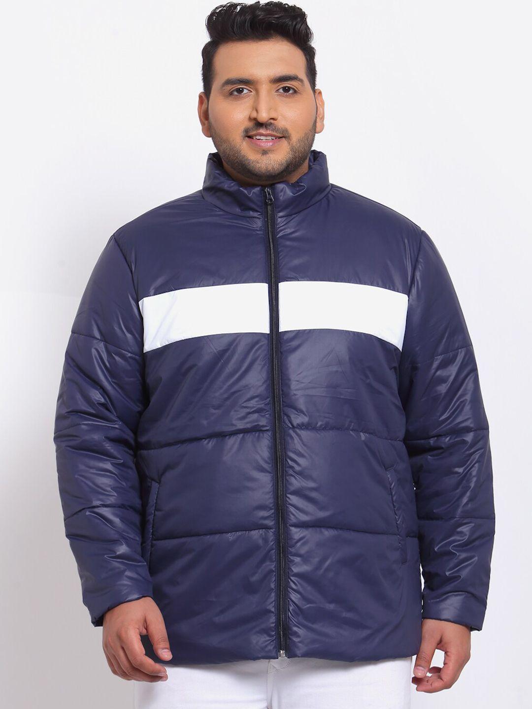 pluss men navy blue & white colourblocked fleece padded jacket