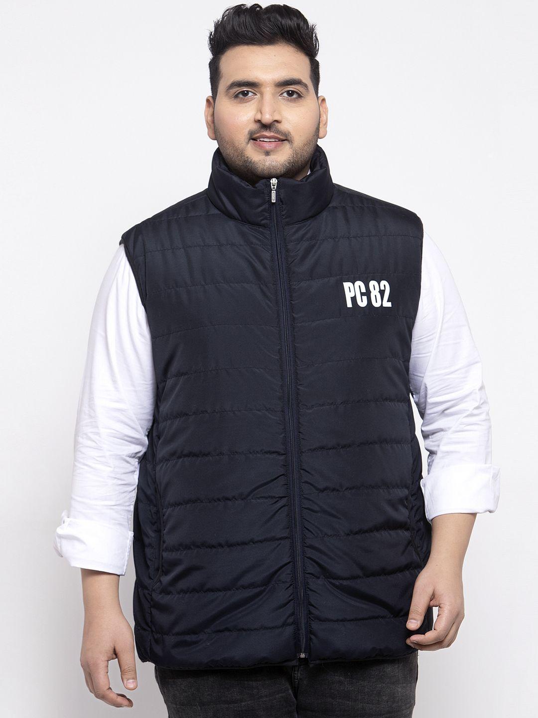 pluss men navy blue printed puffer jacket