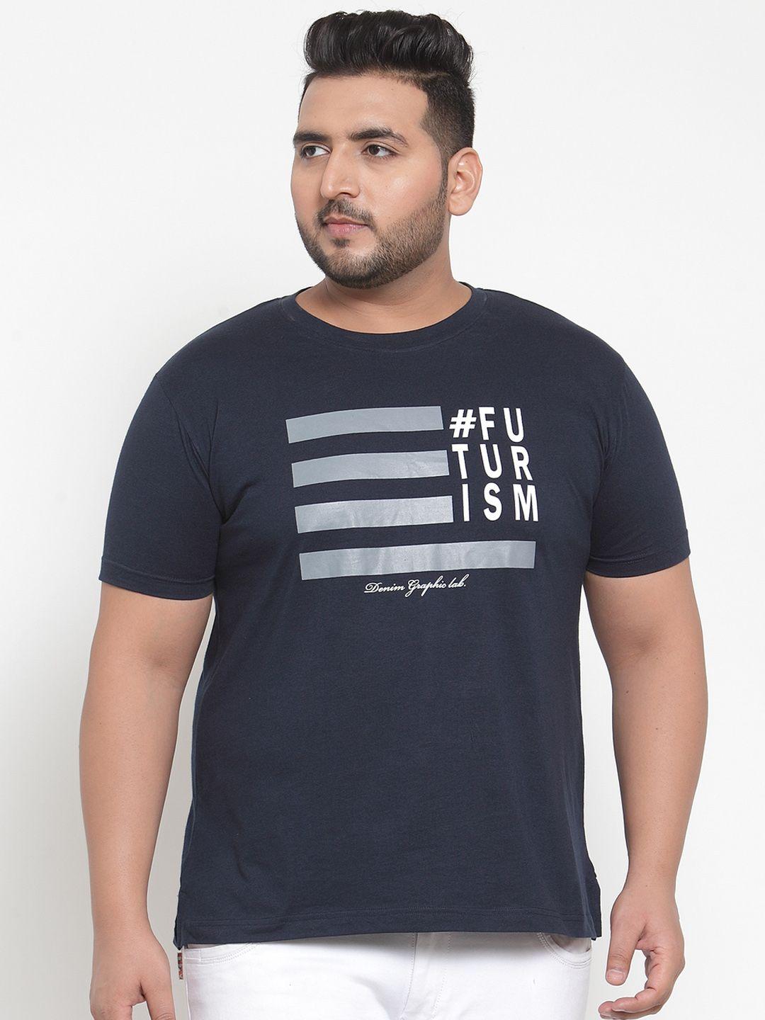 pluss men navy blue printed round neck pure cotton t-shirt