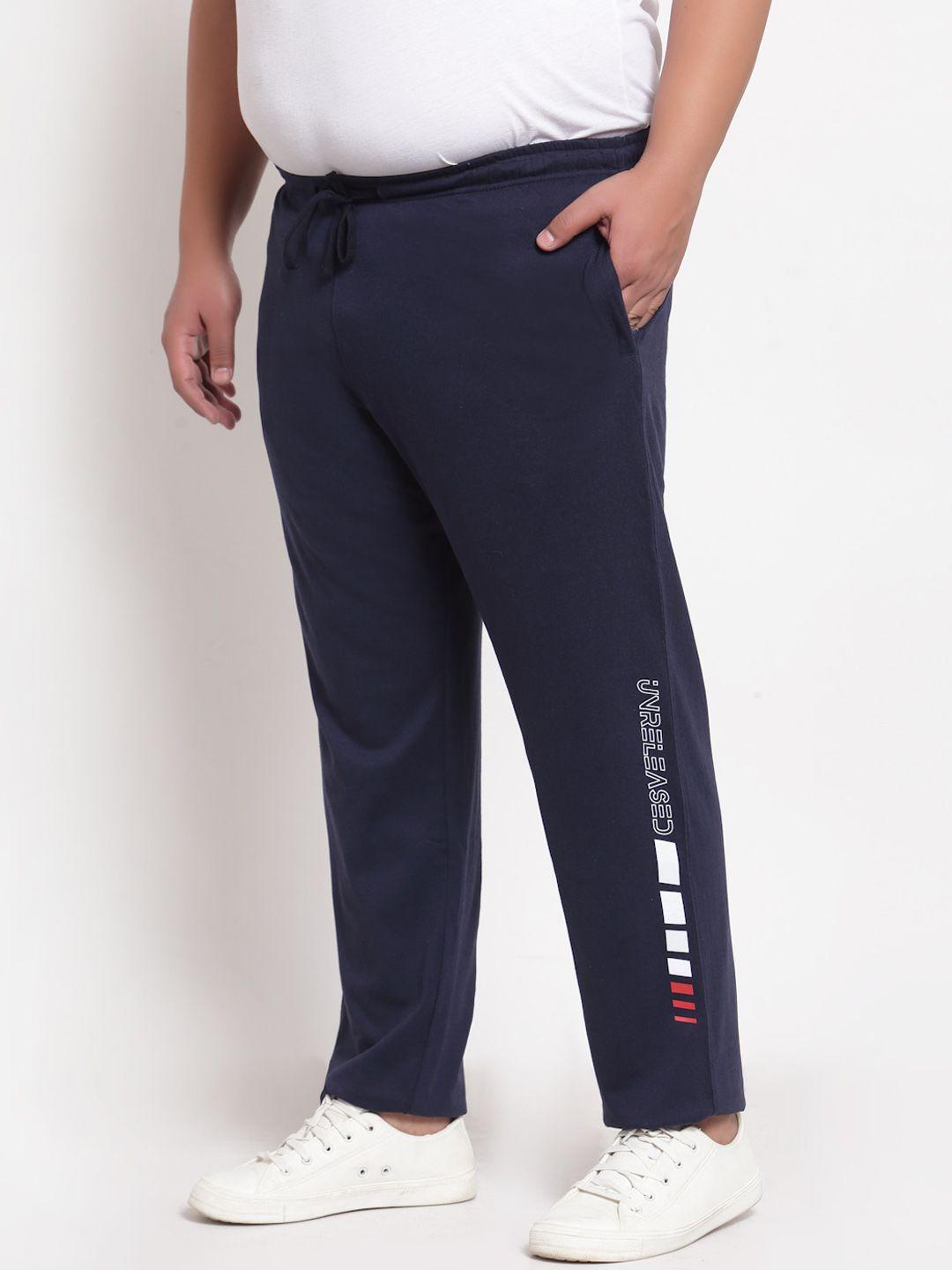 pluss men navy blue solid straight-fit cotton track pants