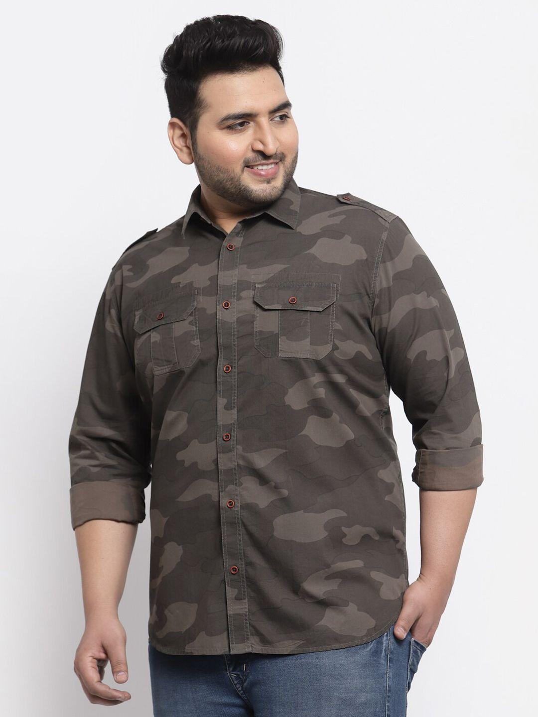 pluss men plus size brown camouflage printed cotton casual shirt