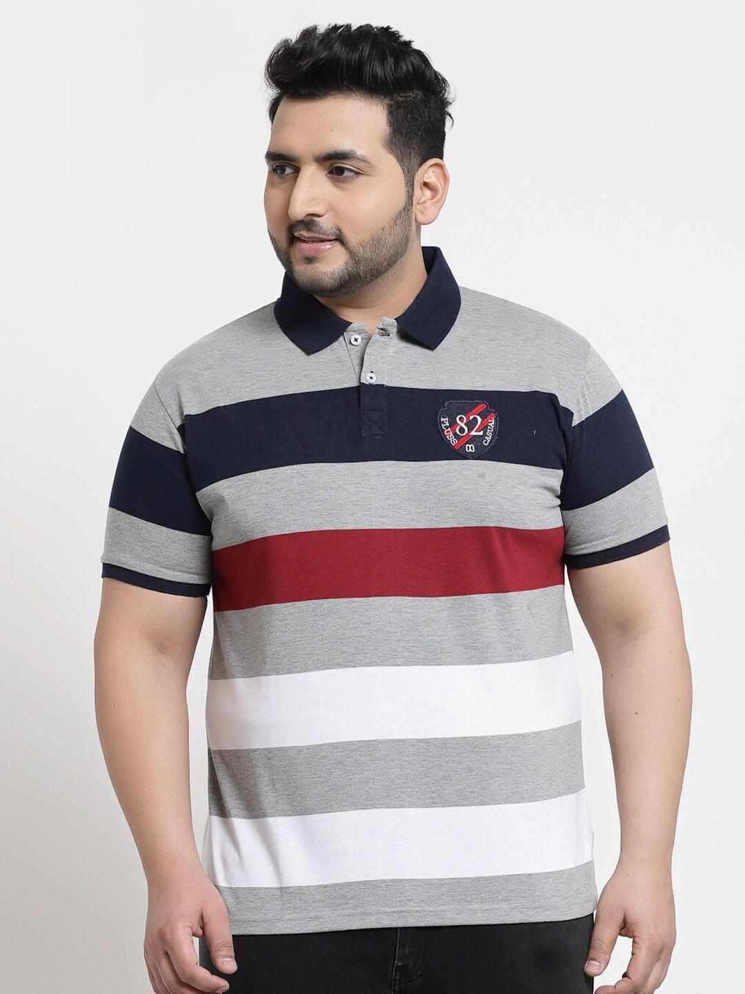 pluss men plus size multicoloured striped polo collar t-shirt
