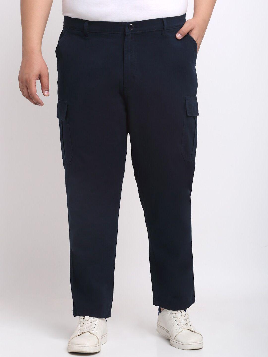 pluss men plus size navy blue mid rise cotton trousers