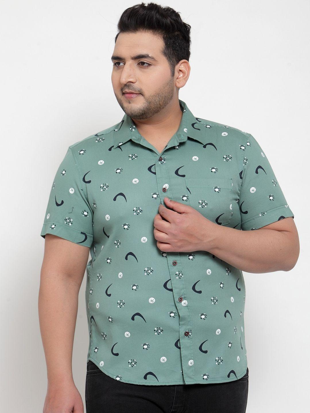 pluss men sea green regular fit printed casual shirt