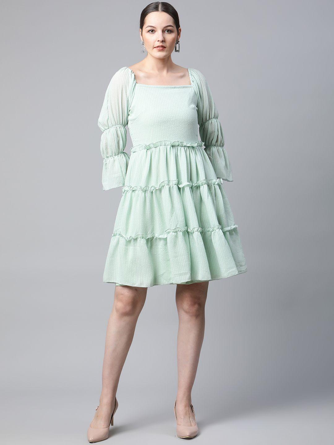 pluss mint green self design bell sleeves a-line tiered dress