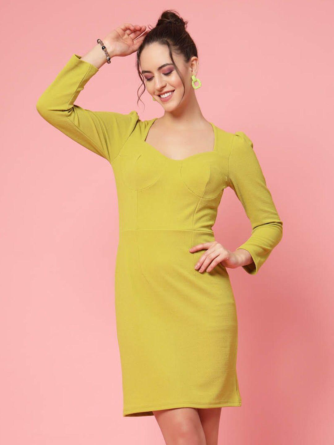 pluss mustard yellow sweetheart neck long sleeves sheath dress