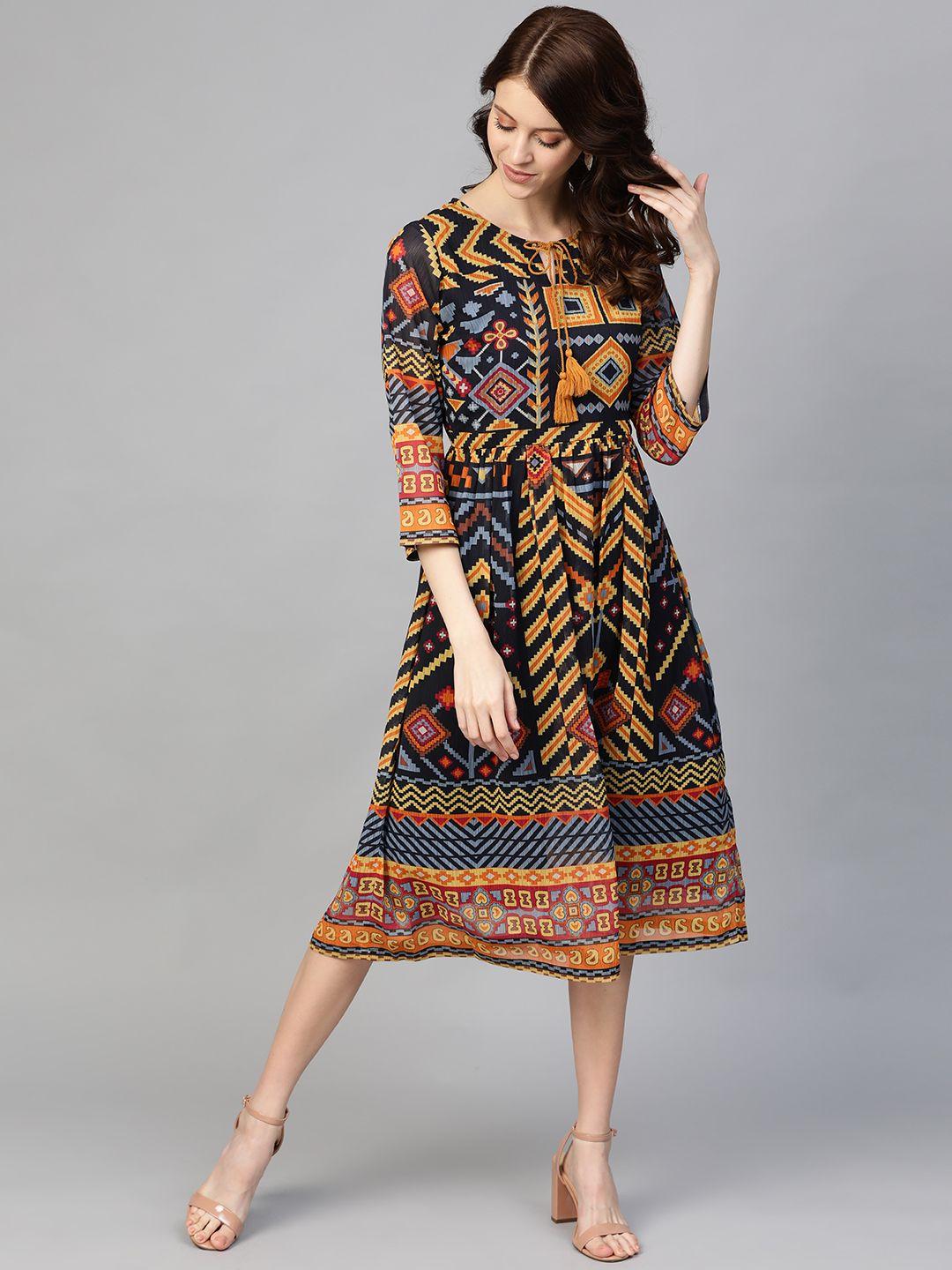 pluss navy blue & yellow geometric printed midi a-line dress