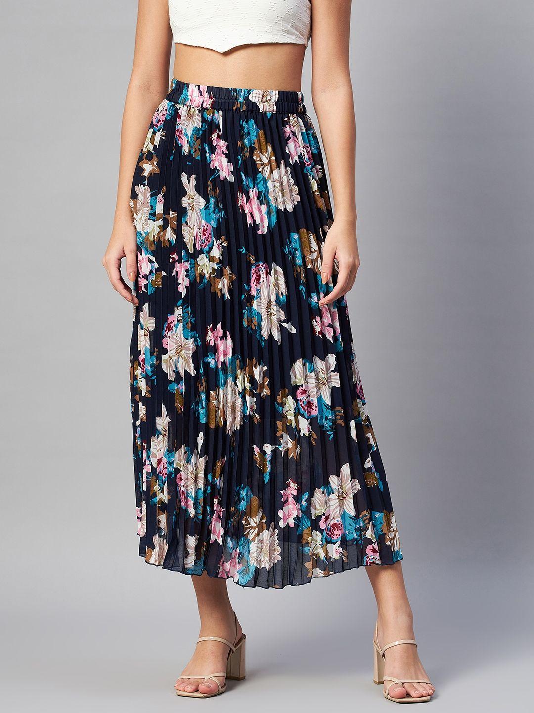 pluss navy blue floral printed accordion pleats midi flared skirt