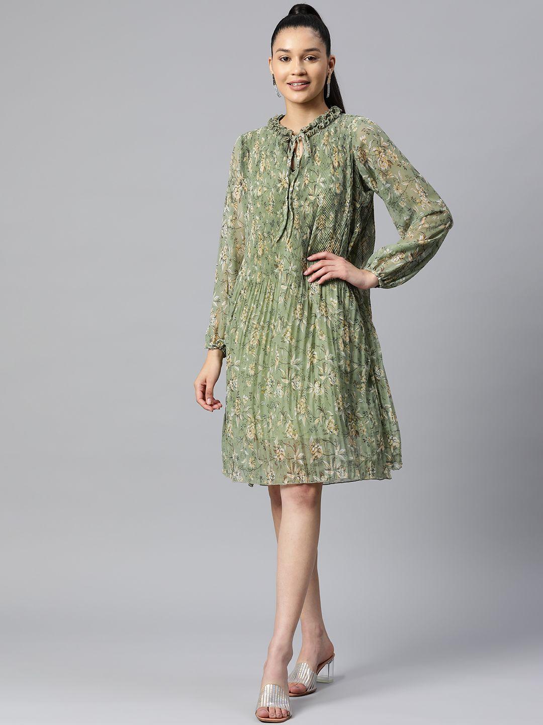 pluss olive floral print knee length a-line dress