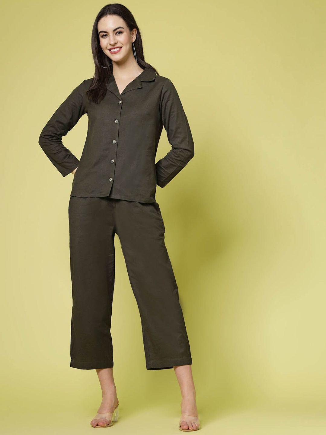 pluss olive green pure cotton shirt with trousers