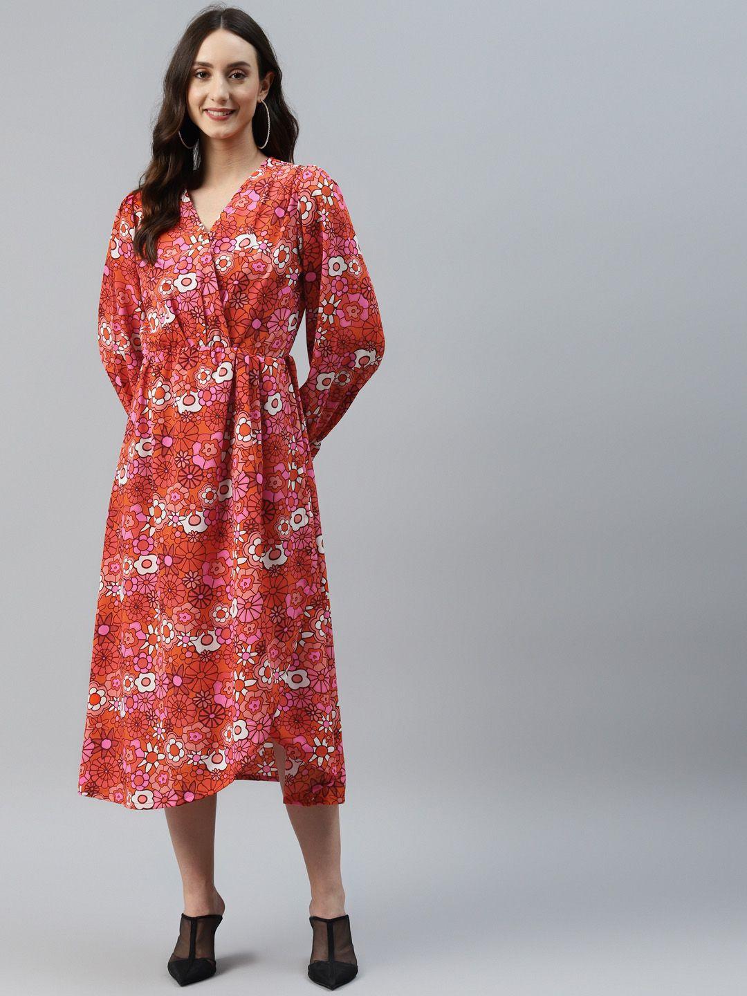 pluss orange & red floral print wrap midi dress