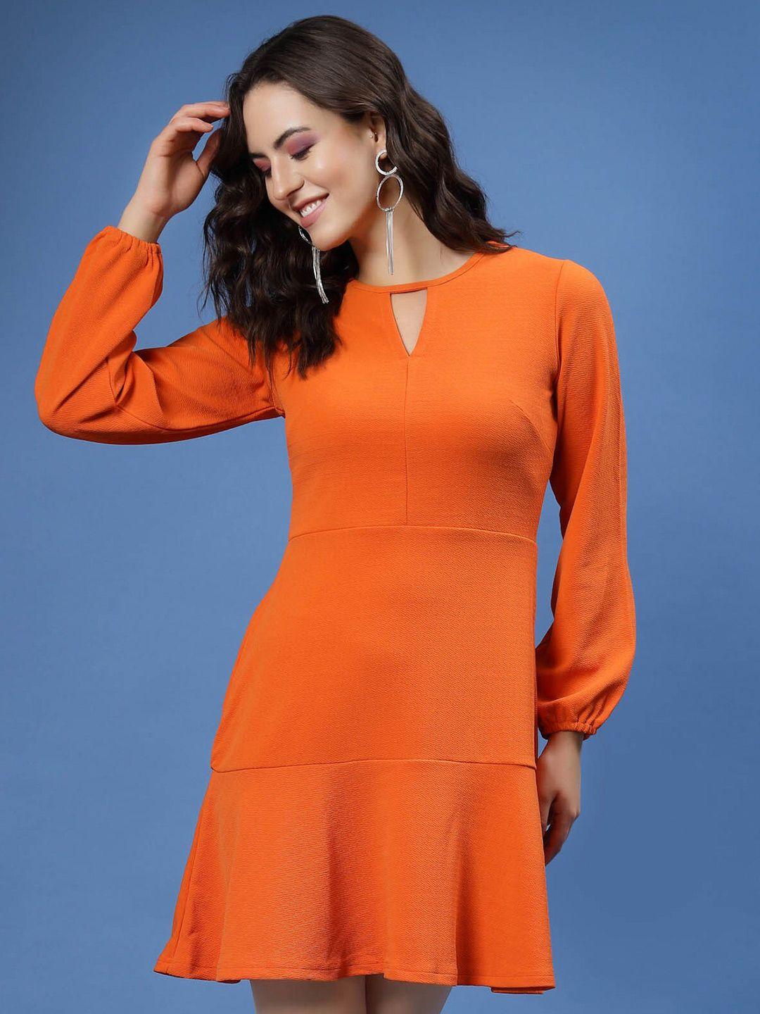 pluss orange puff sleeve cut-outs detail flounce hem a-line mini dress
