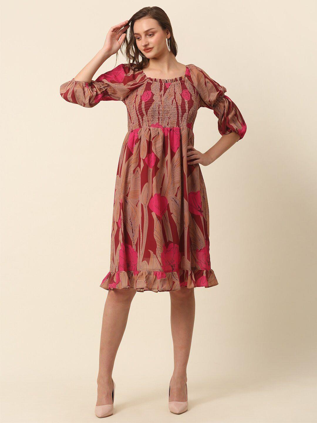 pluss pink & brown floral printed puff sleeves smocked a-line dress