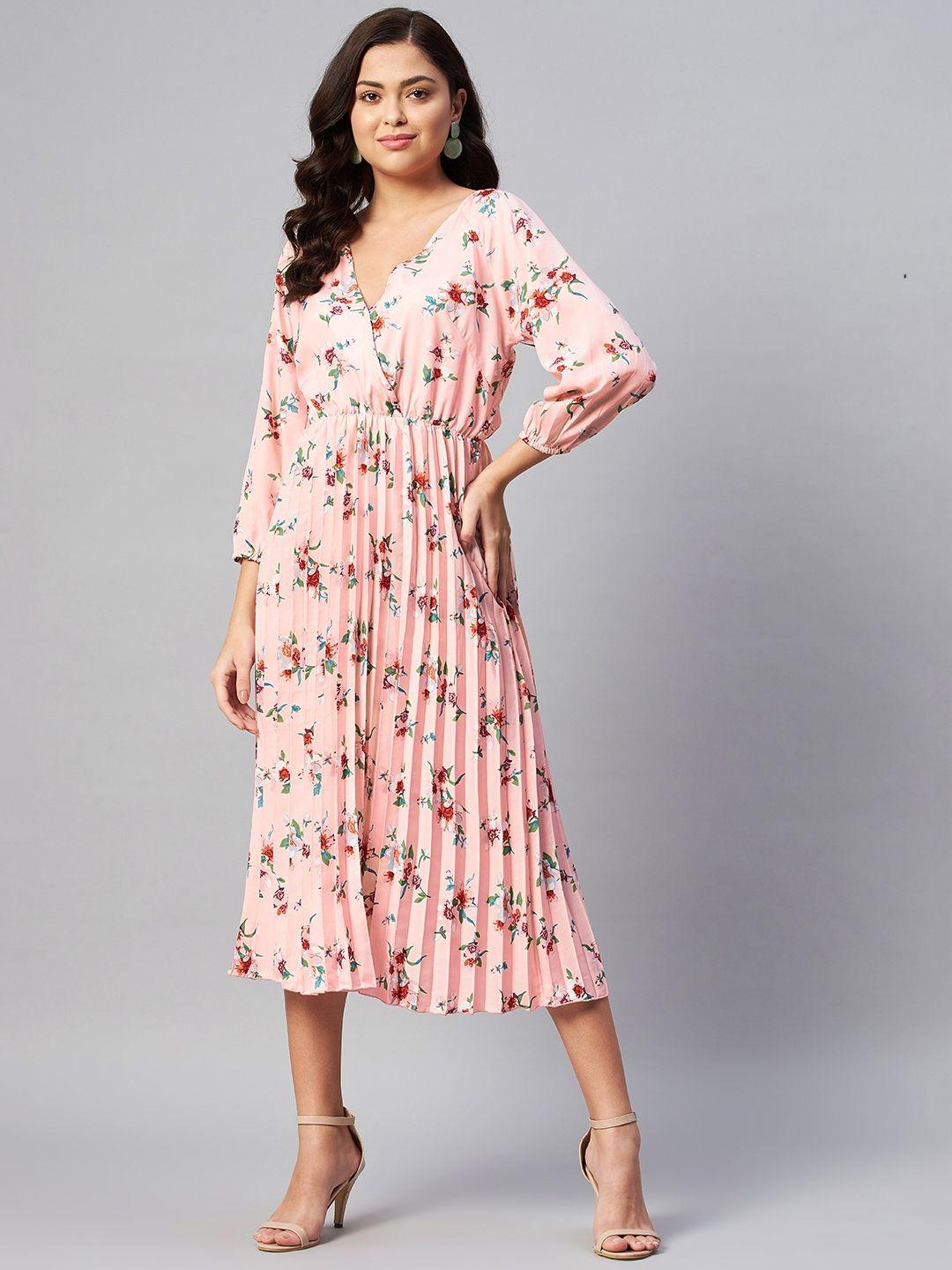 pluss pink & green floral accordion pleats midi dress