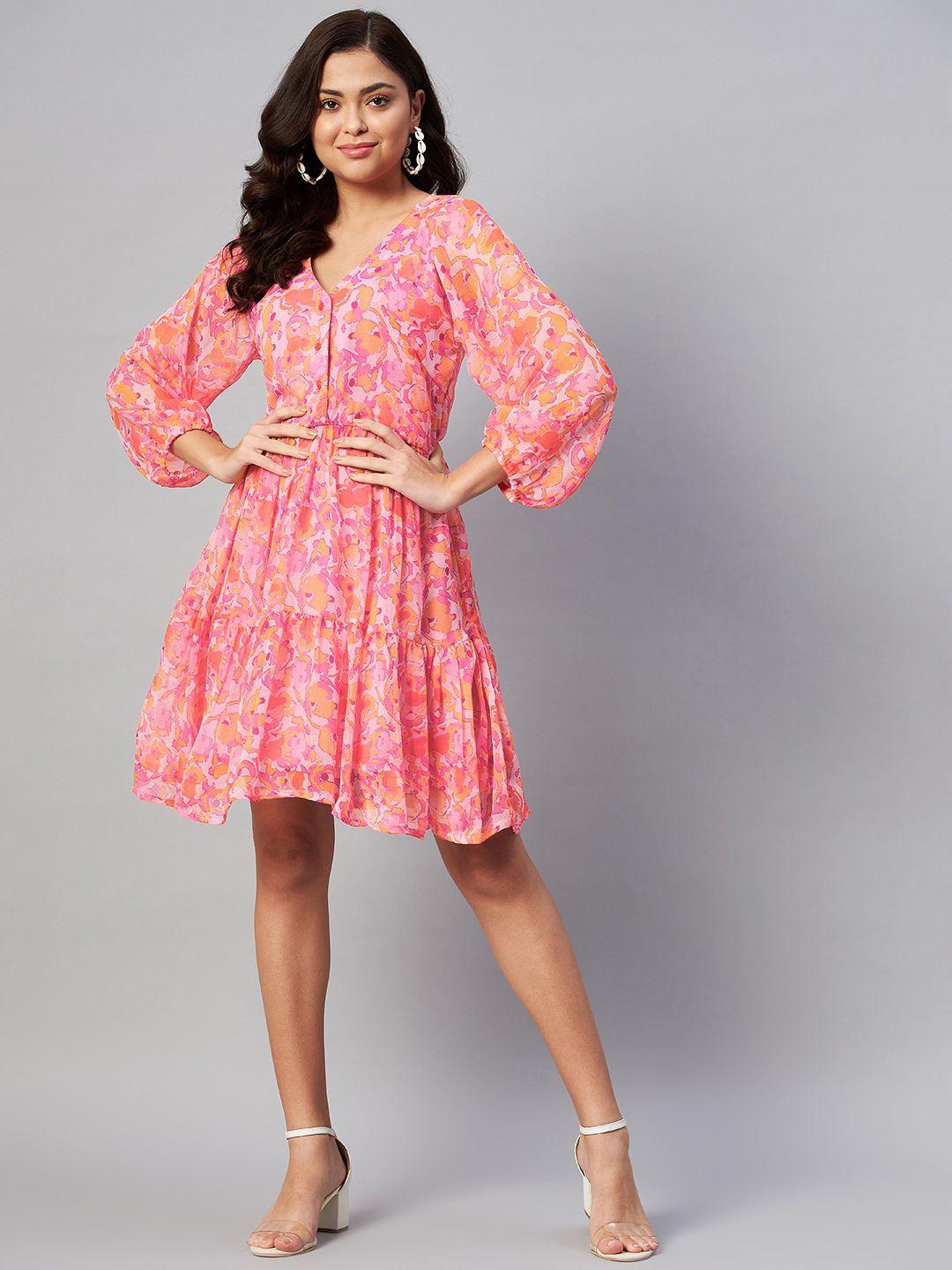 pluss pink & orange floral puff sleeves dress