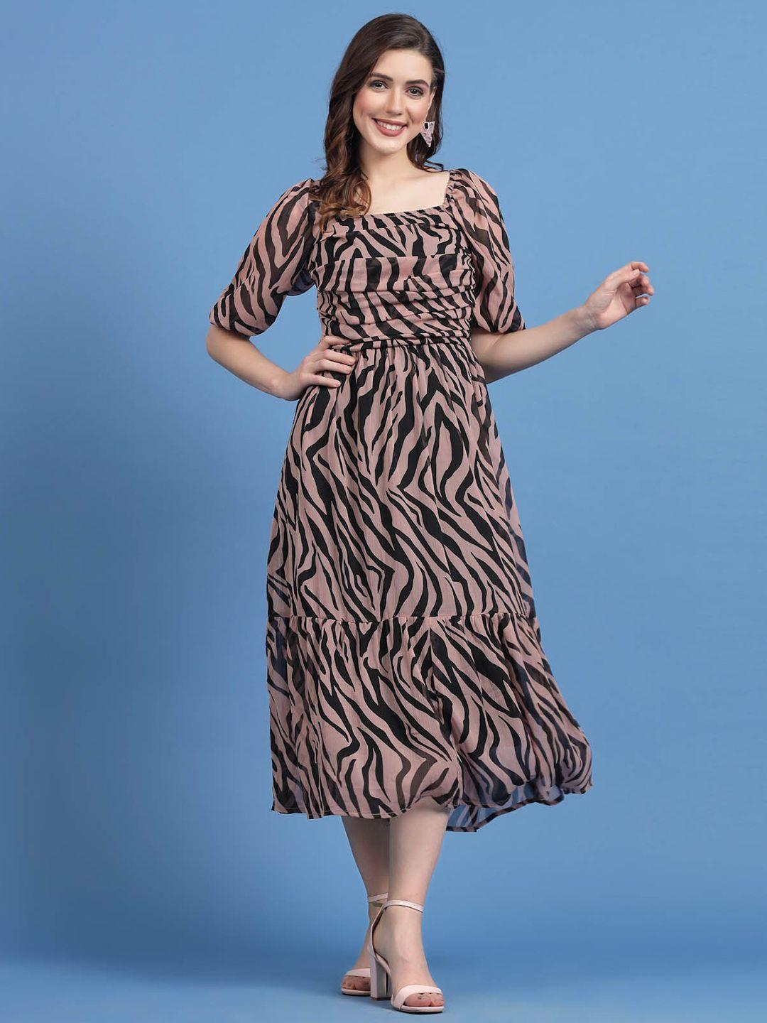 pluss pink animal printed puff sleeves a-line midi dress