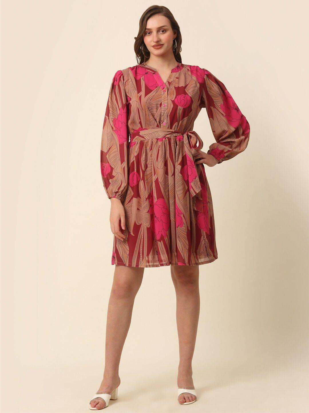 pluss pink floral printed puff sleeves fit & flare dress with belt