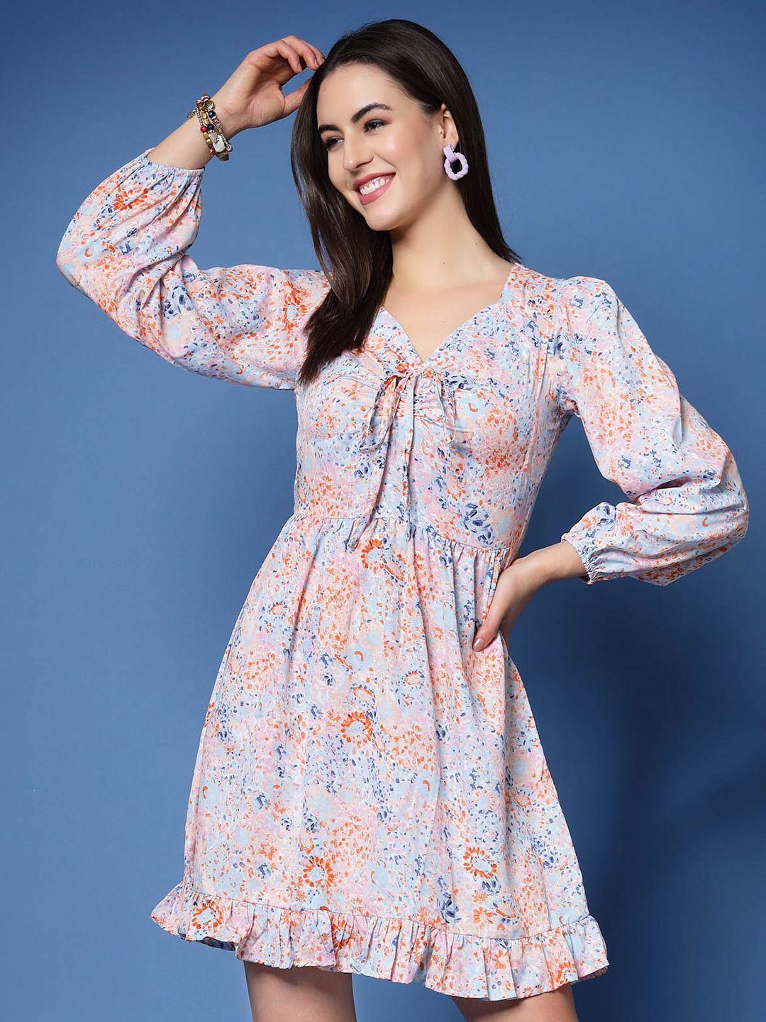 pluss pink floral printed tie-up neck puff sleeve fit & flare mini dress