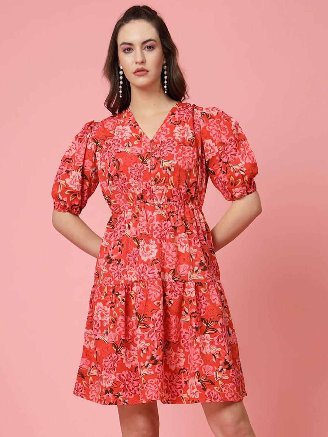 pluss pink floral printed v-neck puff sleeves gathered a-line dress