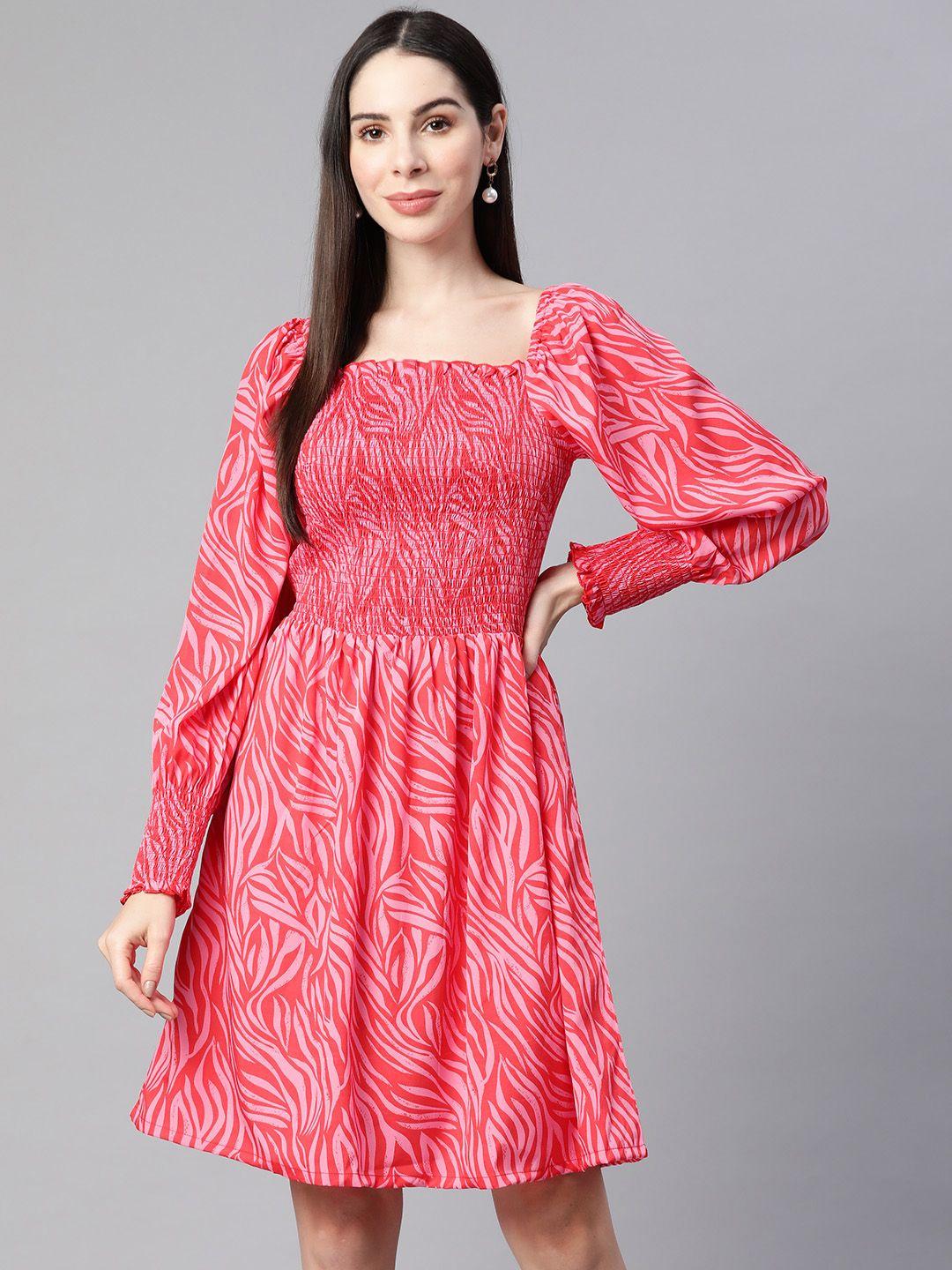 pluss pink smocked printed fit & flare dress