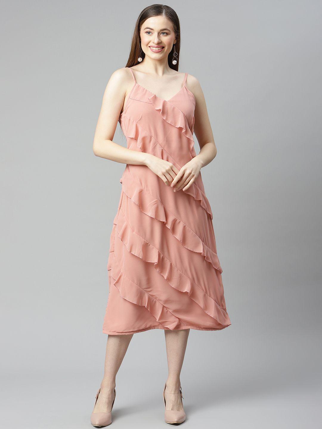 pluss pink solid a-line midi ruffle dress