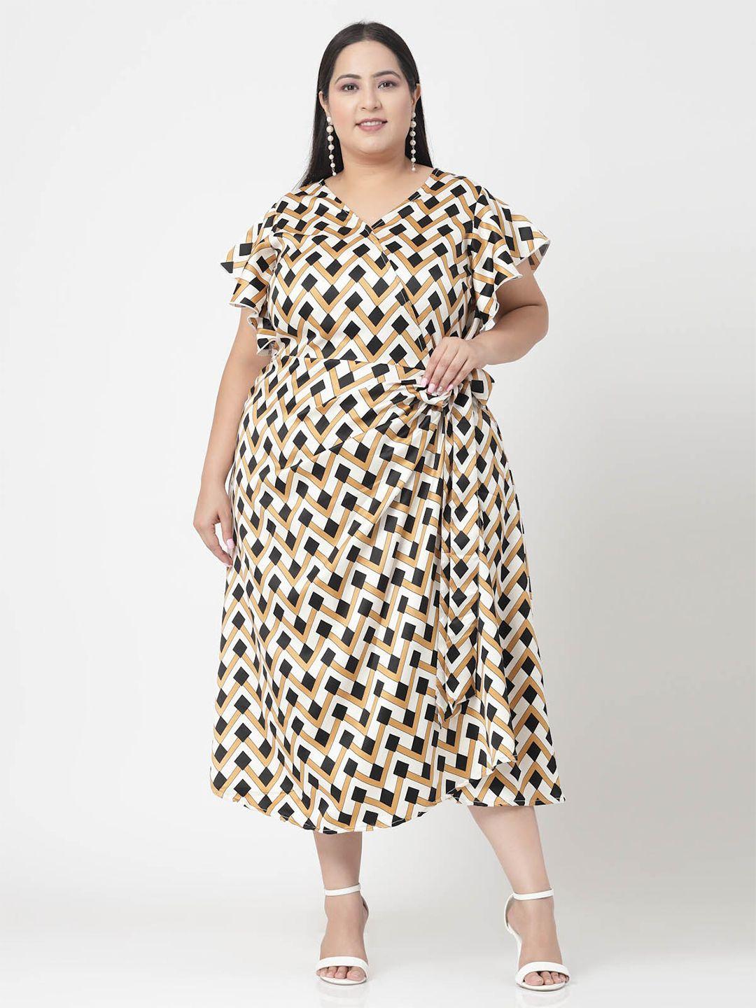 pluss plus size beige & black geometric printed v-neck flutter sleeve a-line dress