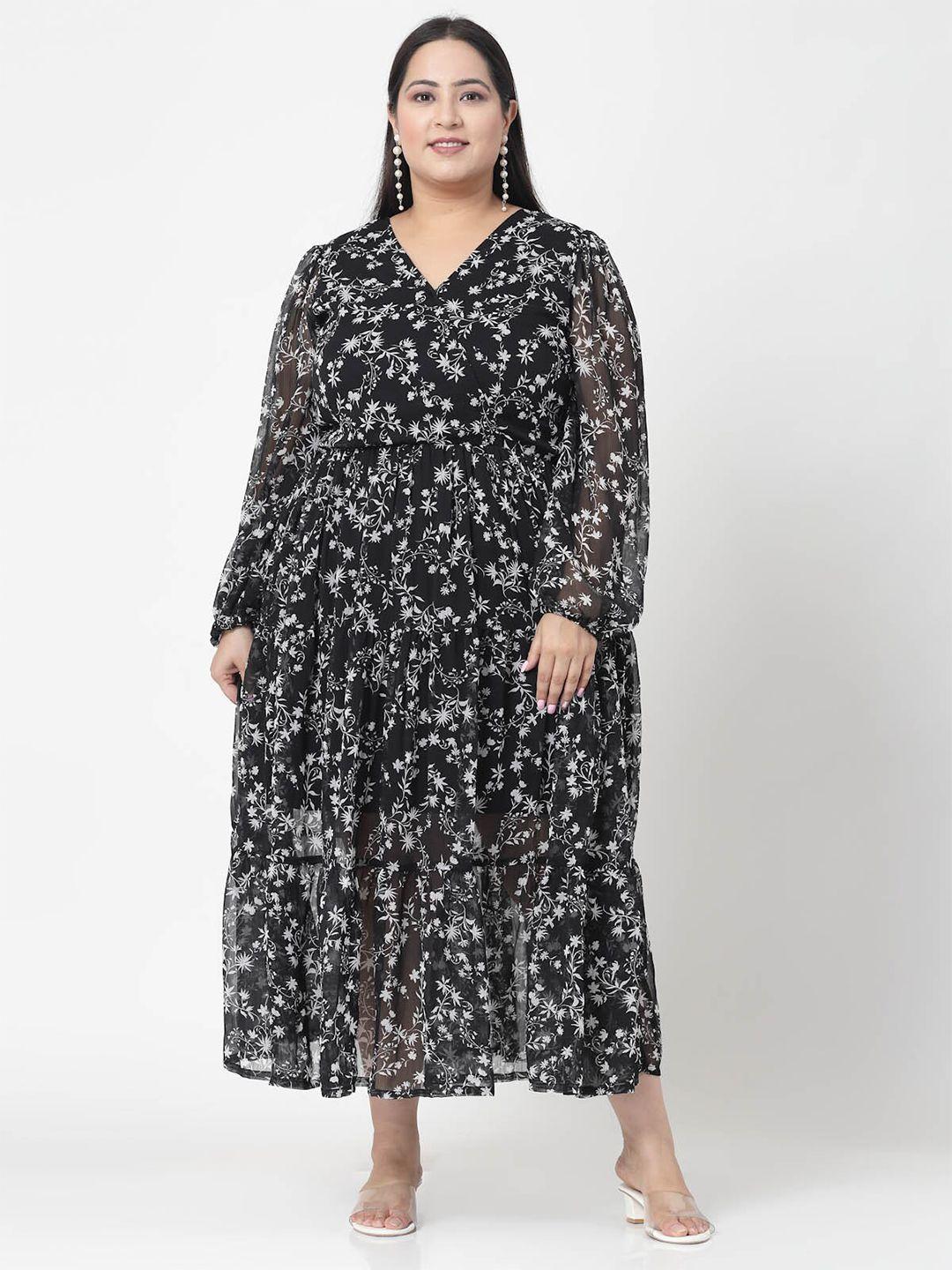 pluss plus size black & white floral printed v-neck puff sleeves fit & flare dress