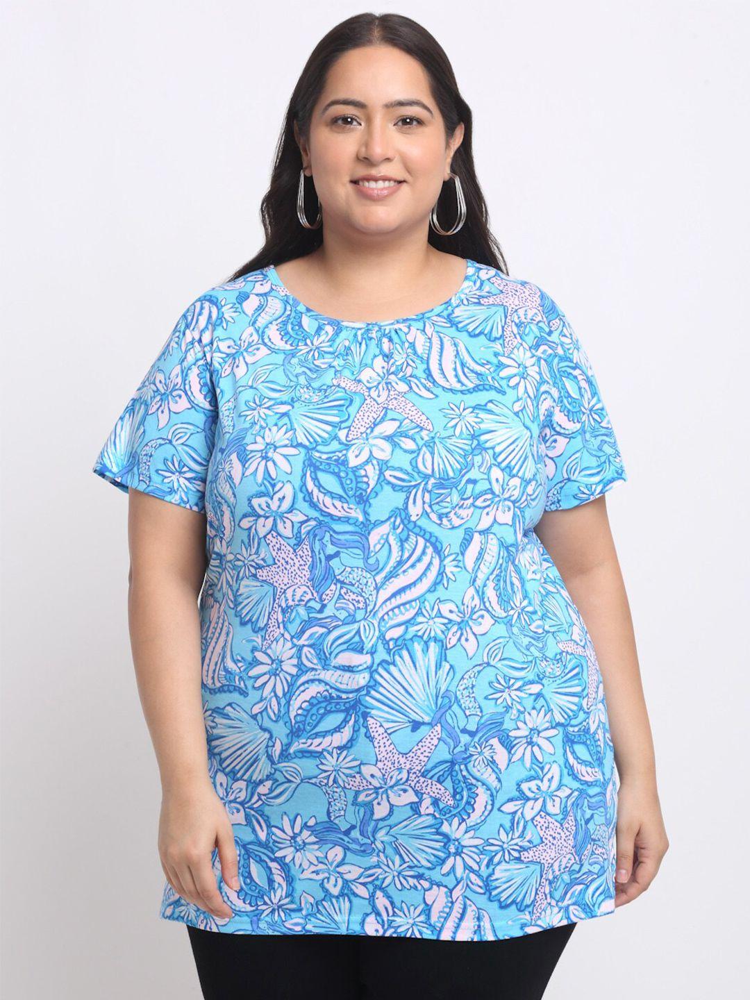pluss plus size blue floral printed longline cotton t-shirt