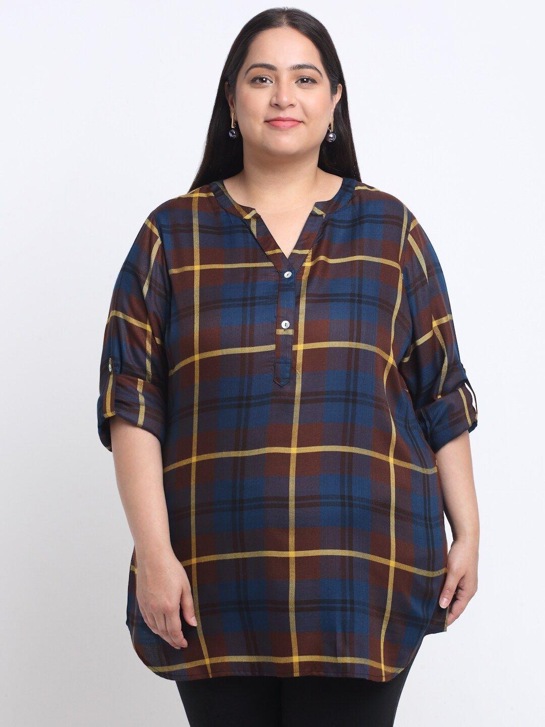 pluss plus size checked mandarin collar roll-up sleeves longline top