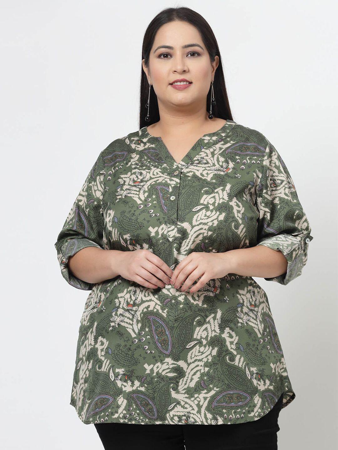 pluss plus size floral printed mandarin collar roll-up sleeves top