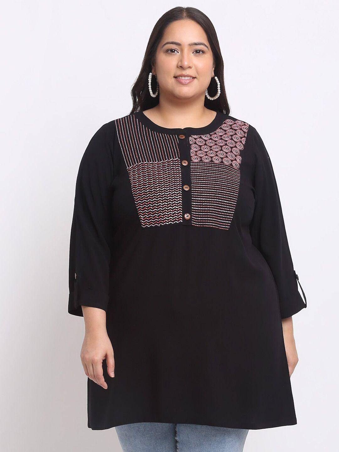 pluss plus size geometric embroidered roll-up sleeves longline top