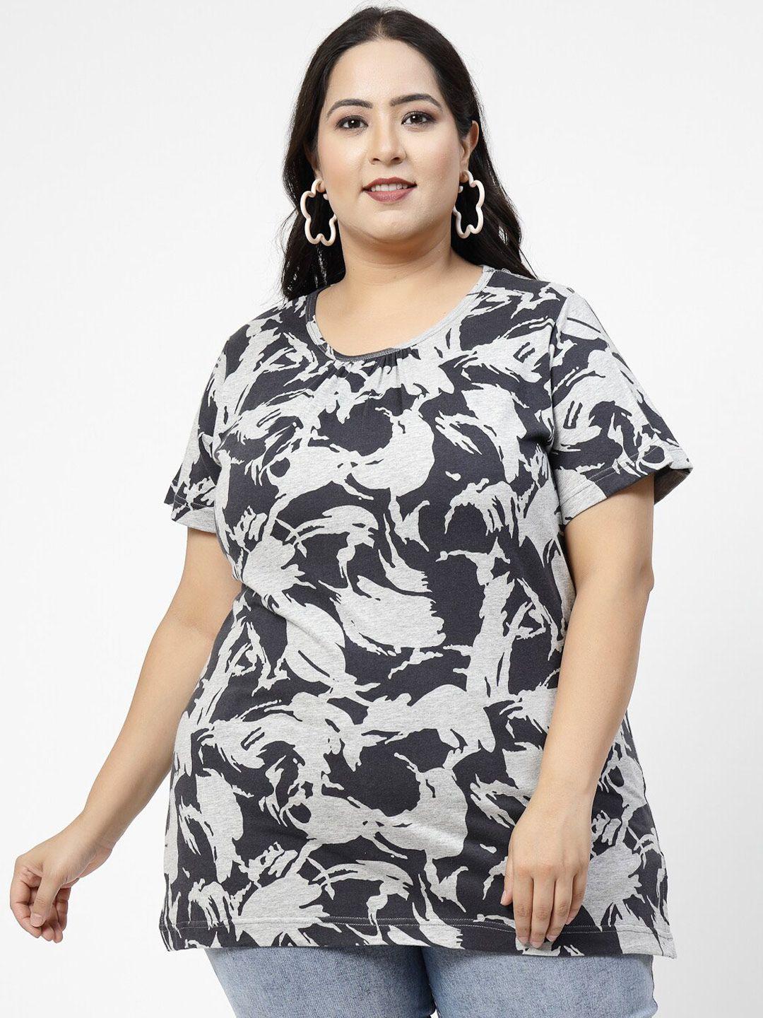 pluss plus size grey abstract printed cotton t-shirt