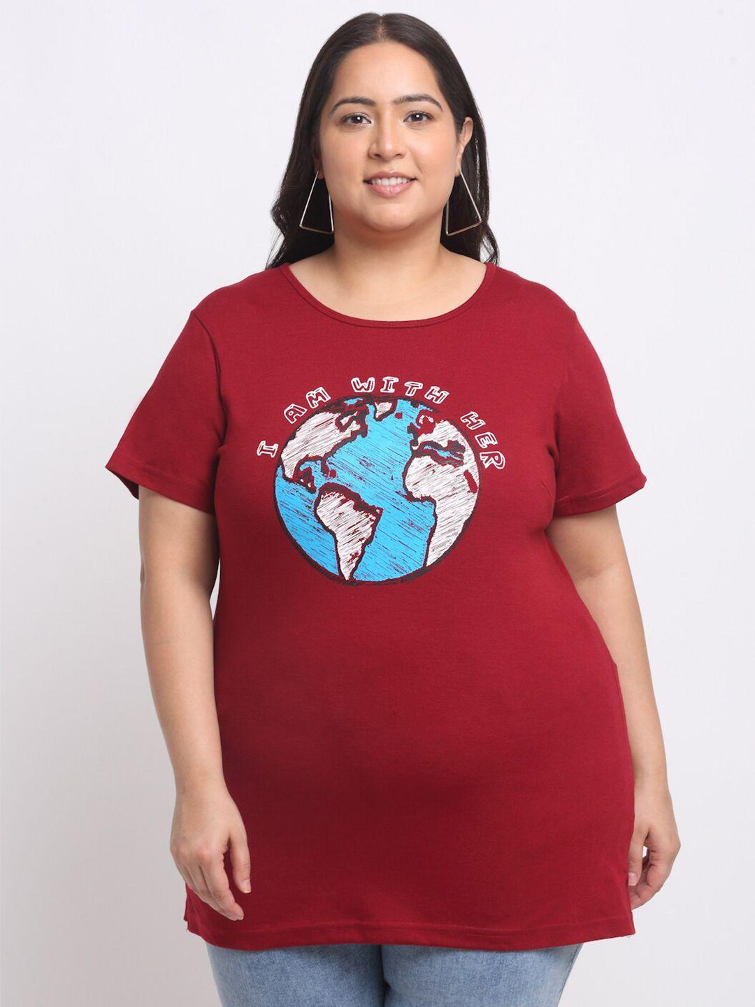 pluss plus size maroon graphic print longline cotton t-shirt