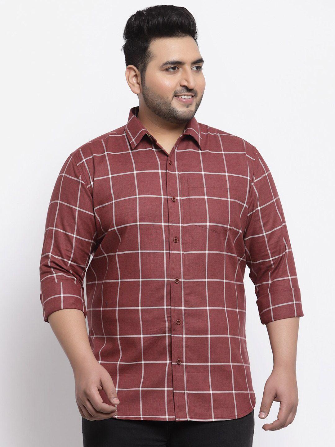 pluss plus size men maroon windowpane checked casual shirt