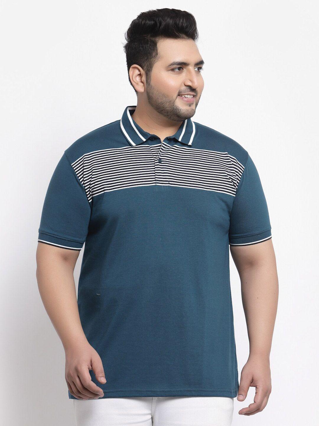 pluss plus size men teal & white striped polo collar cotton t-shirt