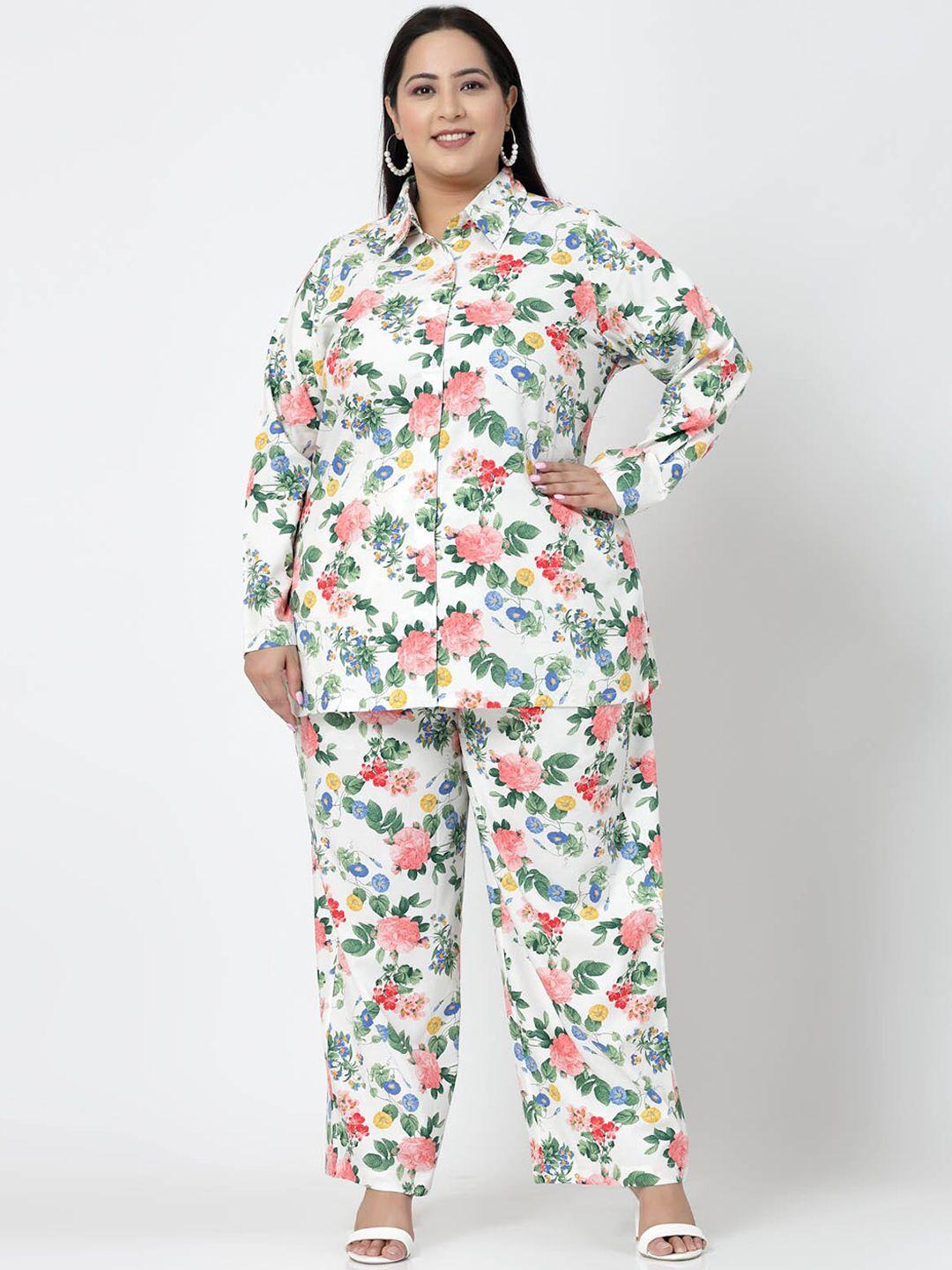 pluss plus size white floral printed shirt & trousers