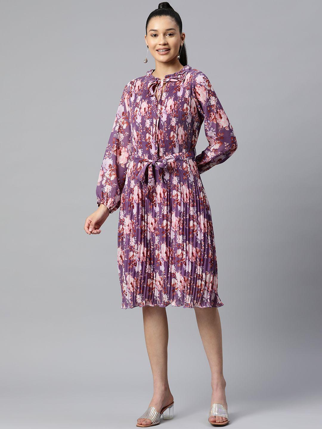 pluss purple & pink floral print knee length a-line dress