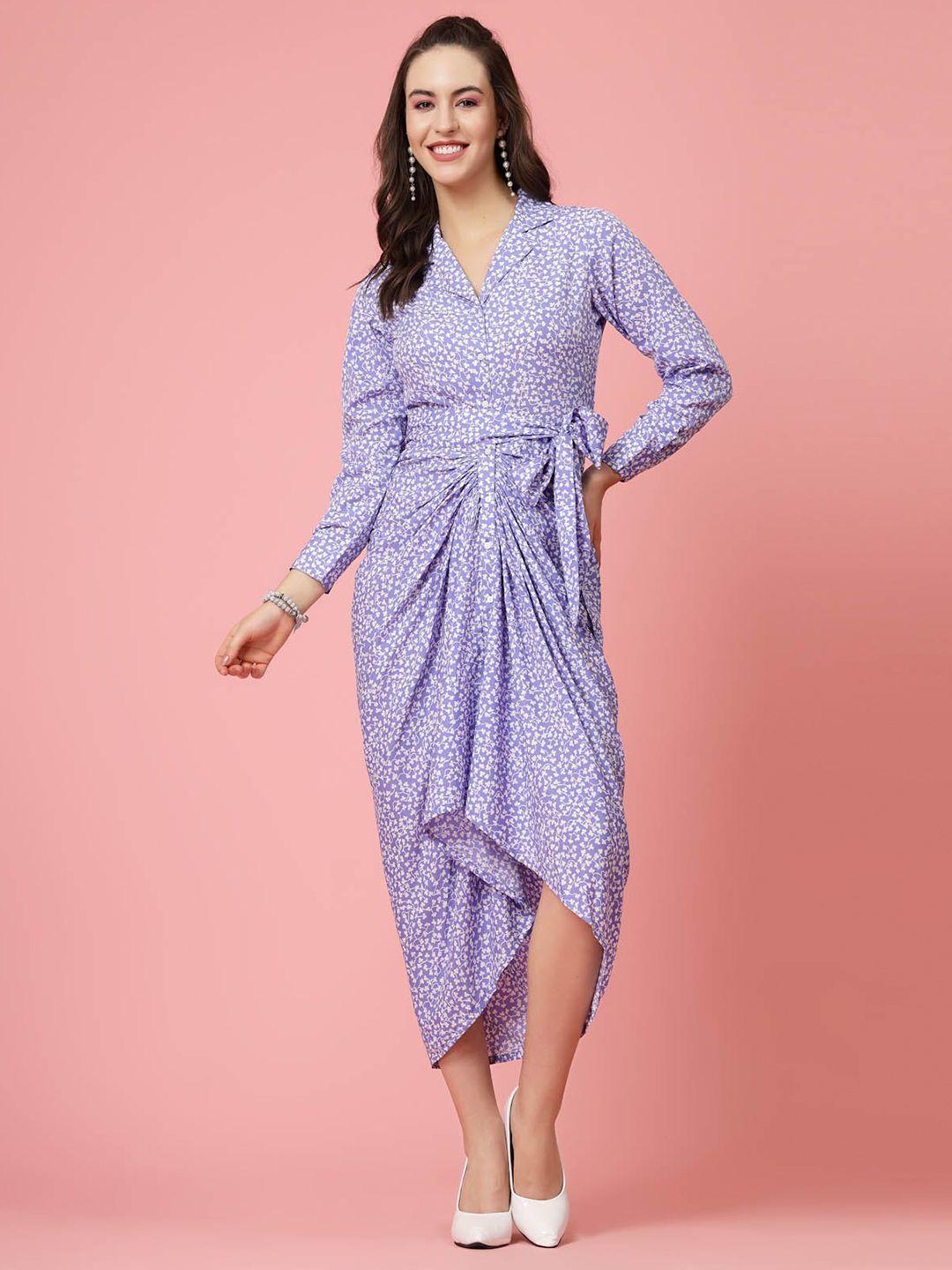 pluss purple & white floral printed shirt collar cuffed sleeves gathered maxi dress