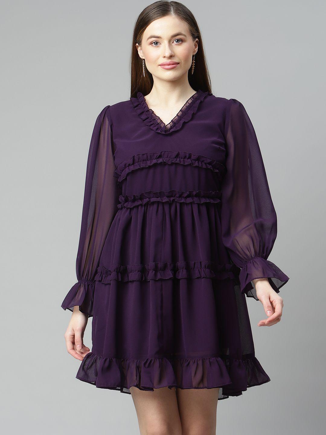 pluss purple solid ruffle tiered a-line dress