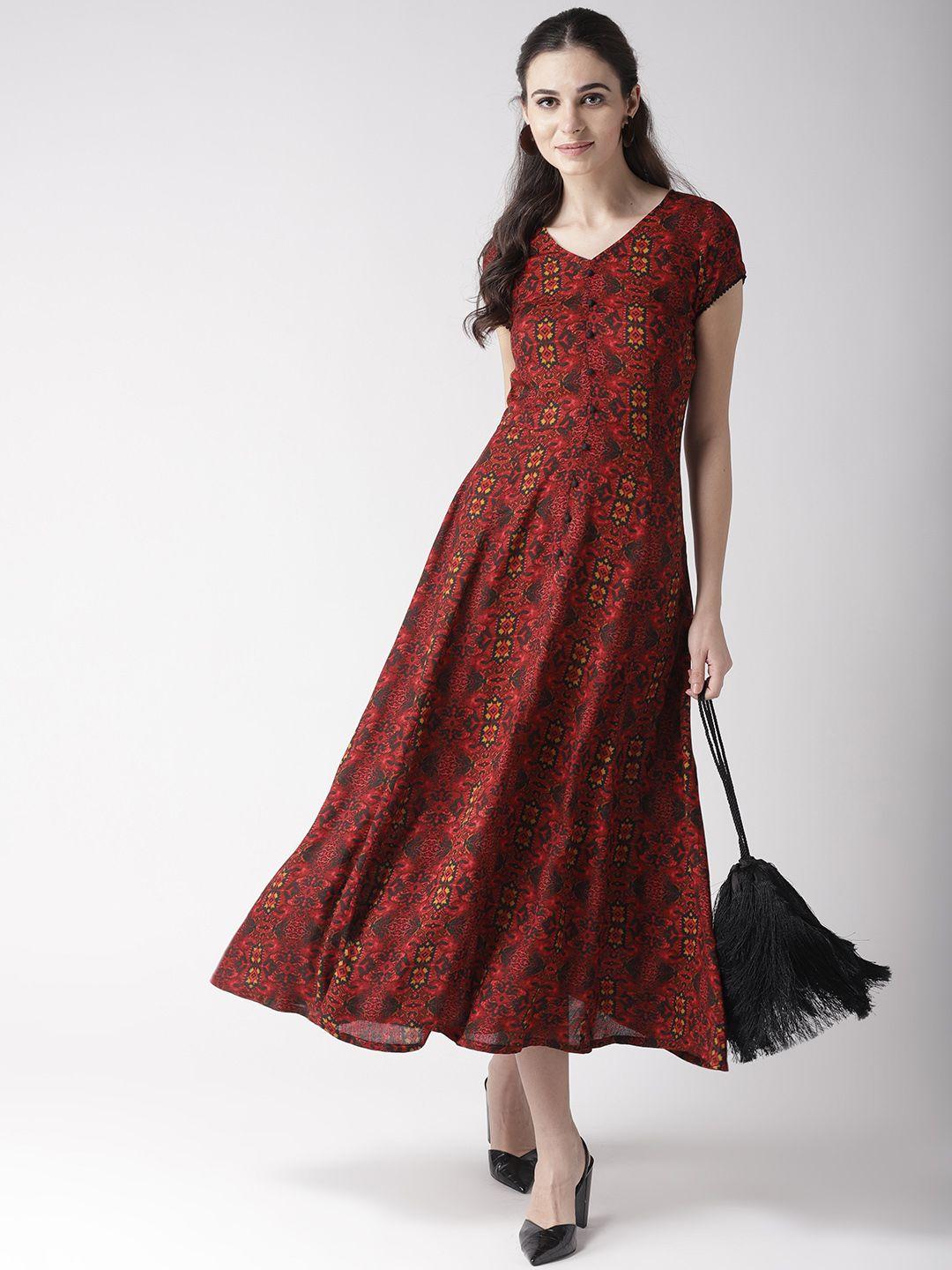 pluss red & black ethnic motifs printed fit & flare dress