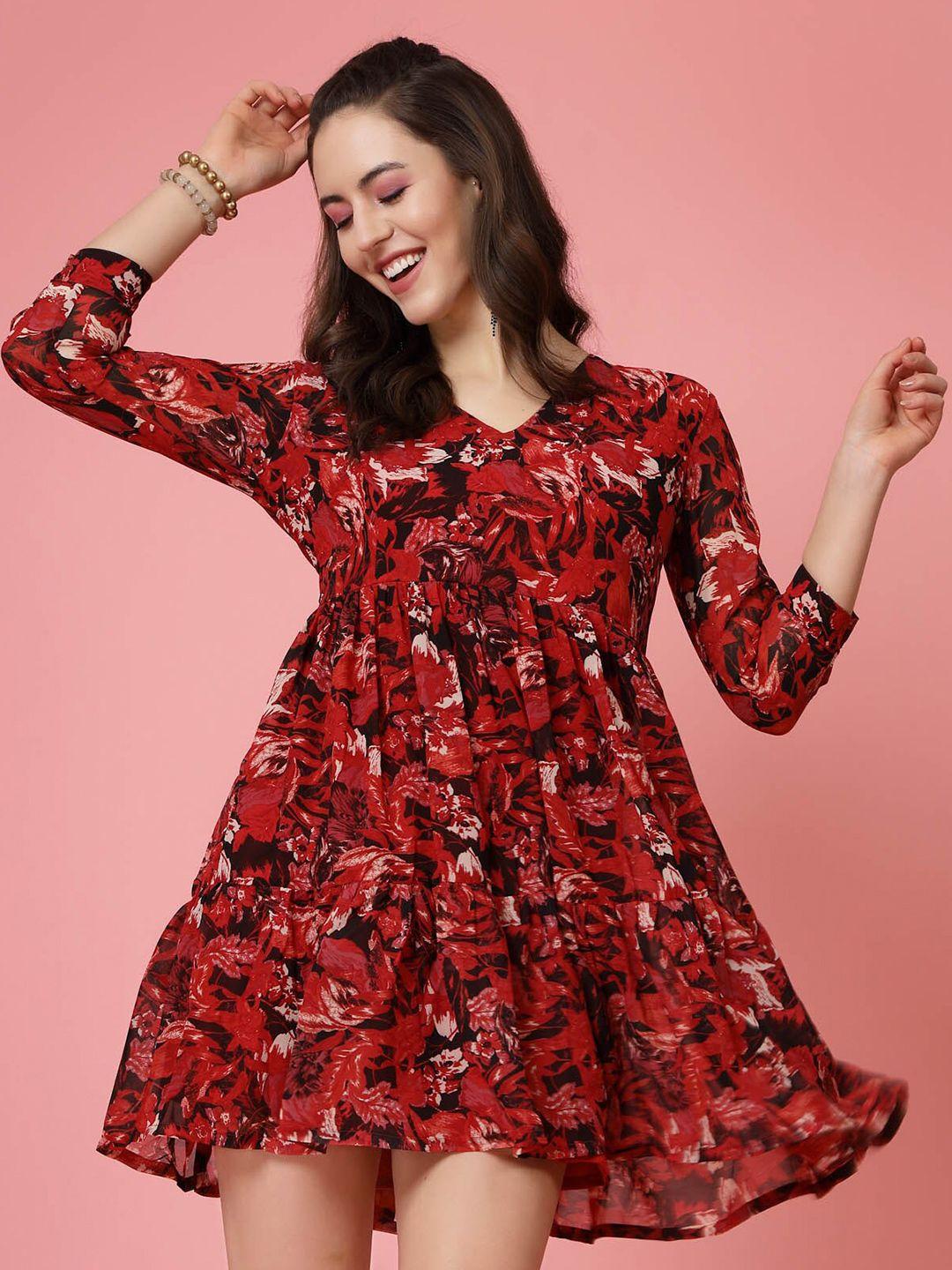 pluss red & black floral printed v-neck gathered fit & flare mini dress