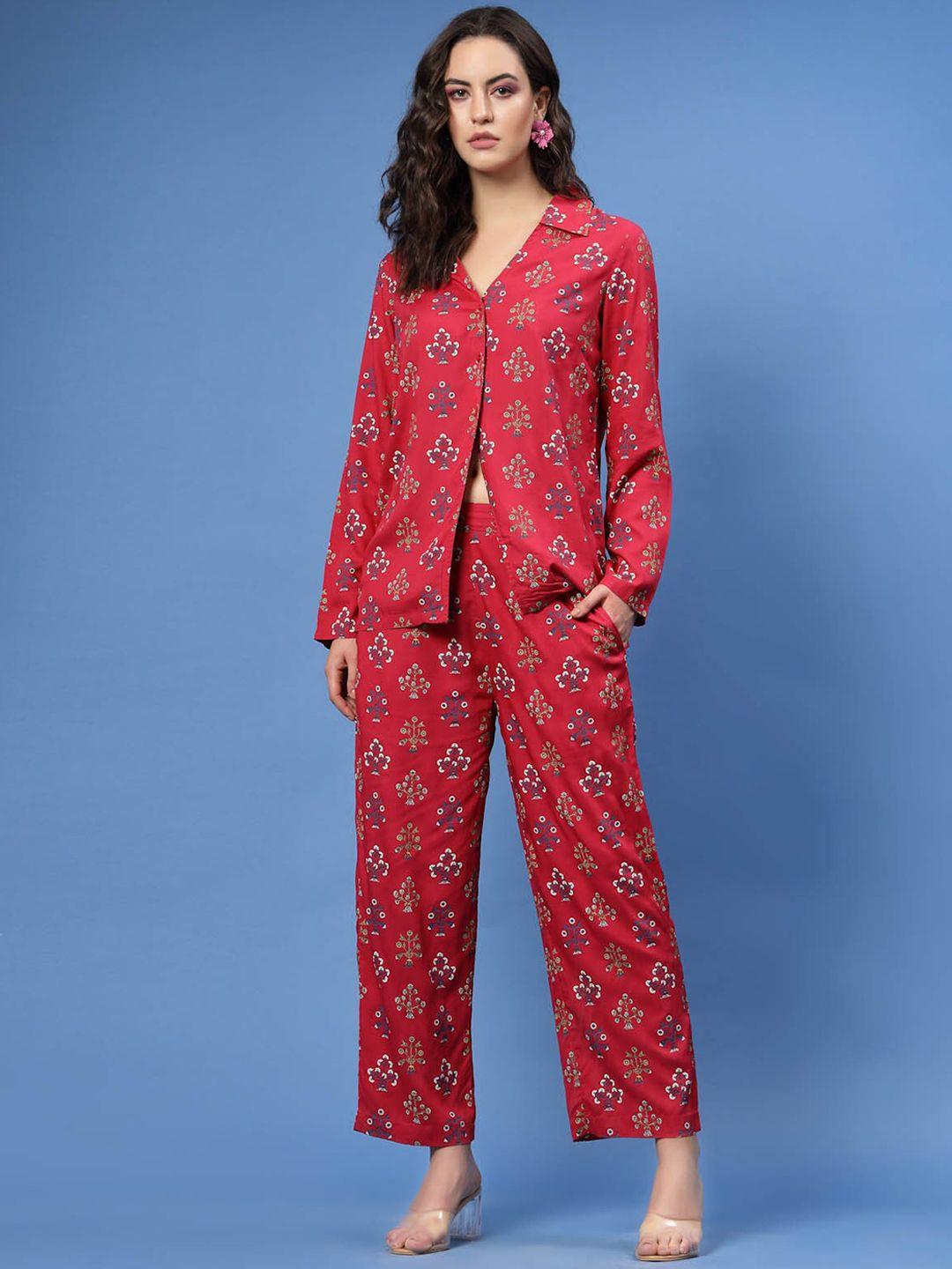 pluss red & blue ethnic motifs printed shirt & trouser