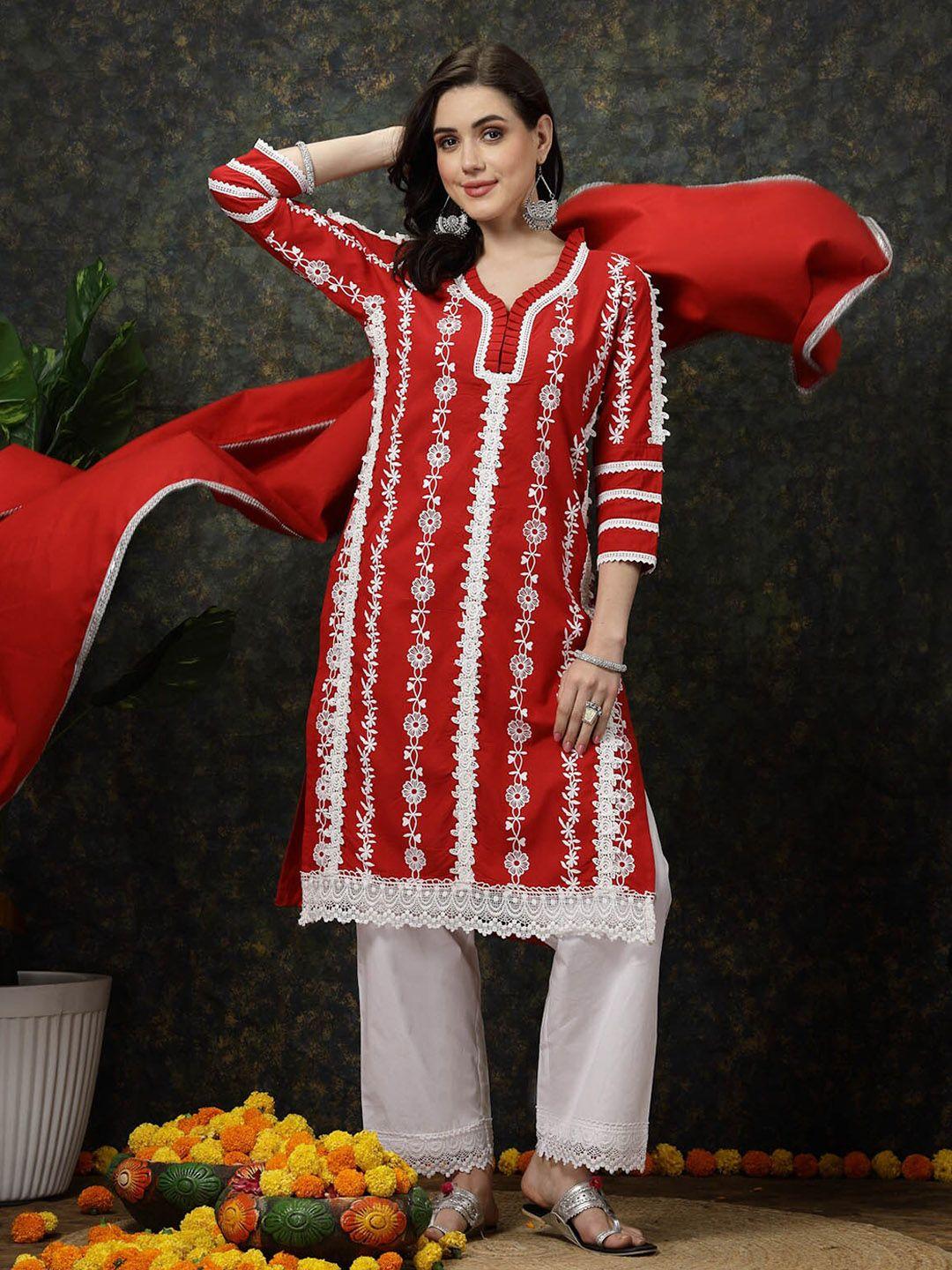 pluss red floral printed thread work cotton straight kurta