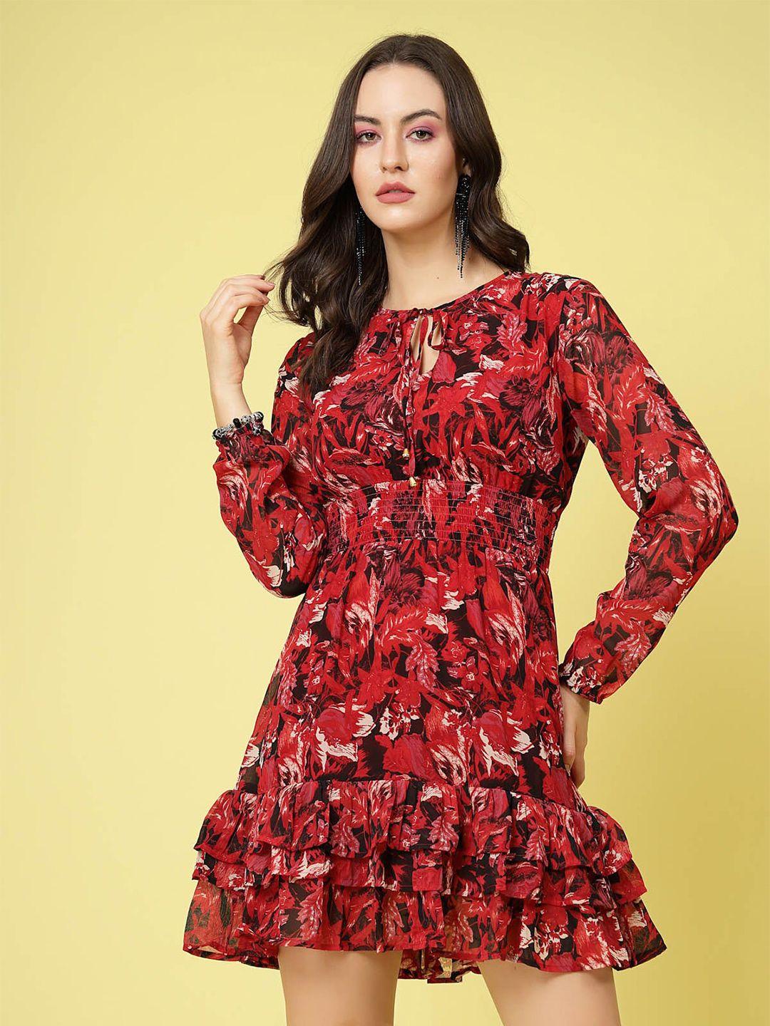 pluss red floral printed tie-up neck layered smocked fit & flare dress