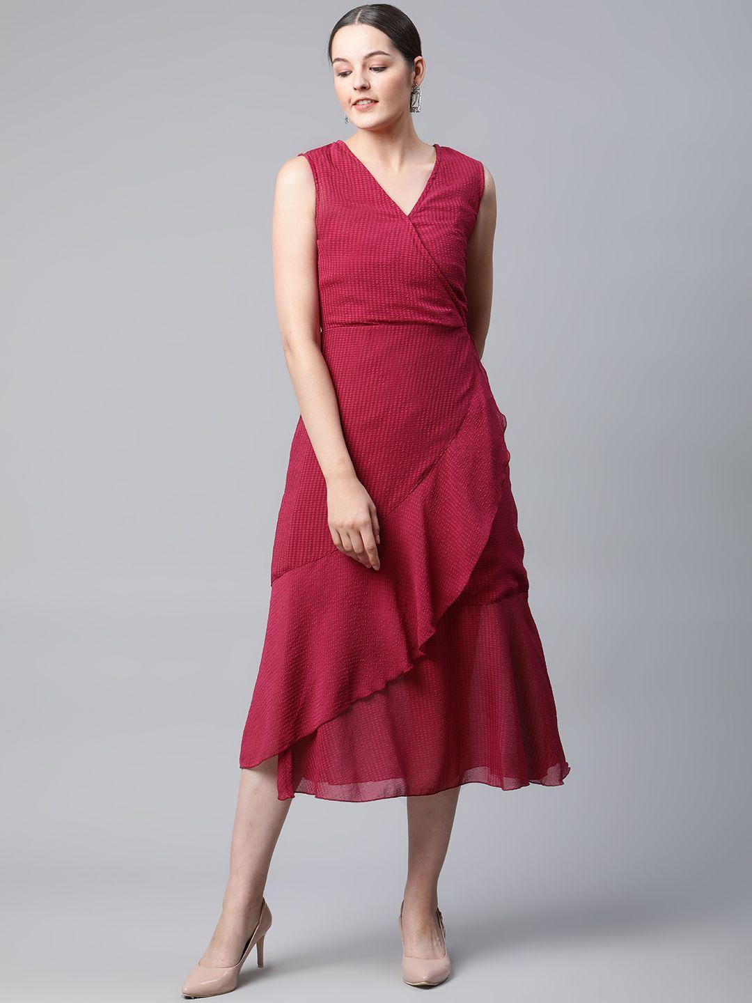pluss red self design midi wrap dress